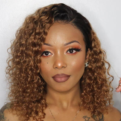 Short Ombre Honey Blonde Curly Human Hair Bob Lace Front Wigs Brazilian Water Wave Lace Part Wigs 1b/30